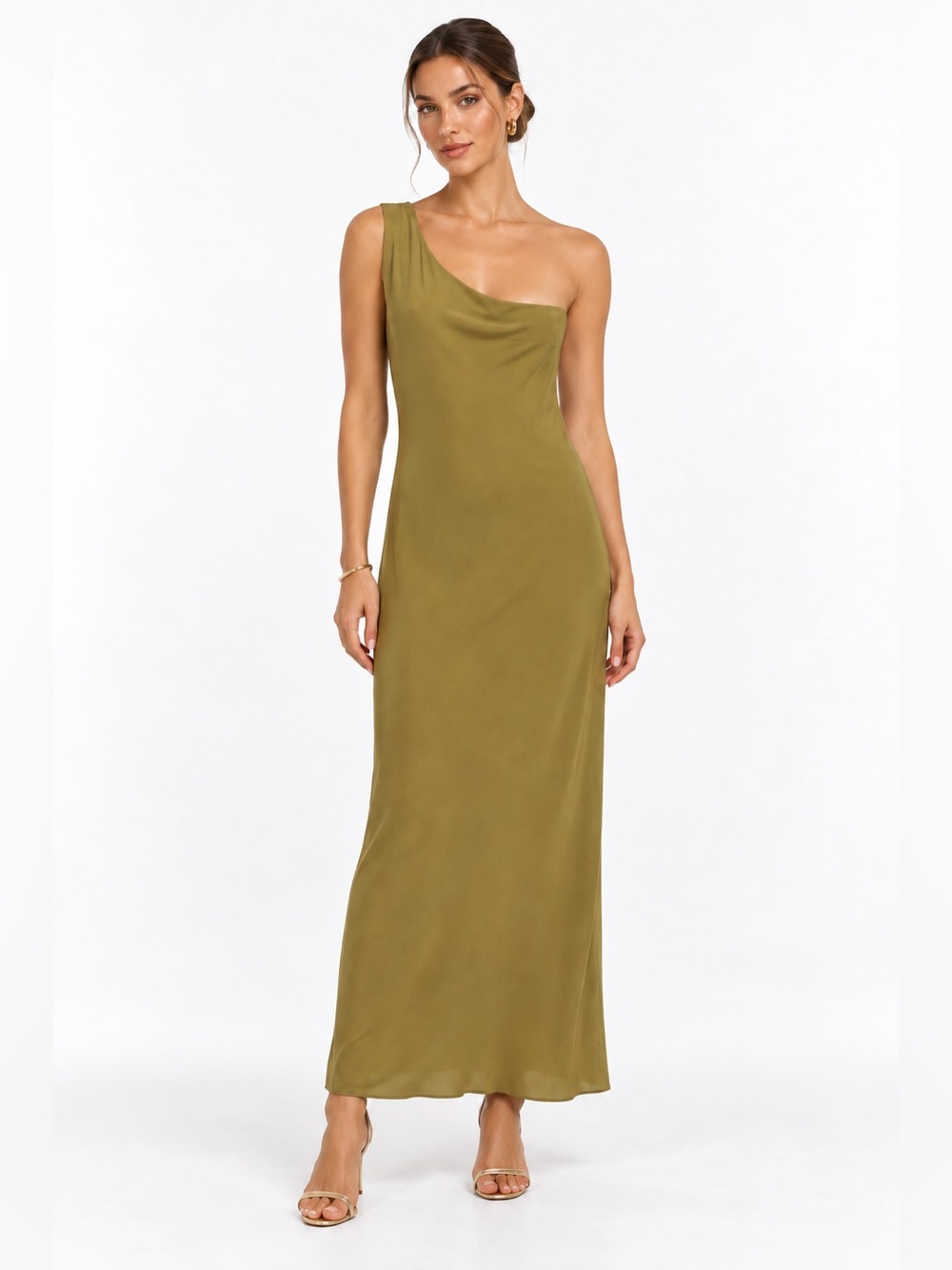 Third Form Olive One Shoulder Slip Dress Wedding Guest US 6 AU 10